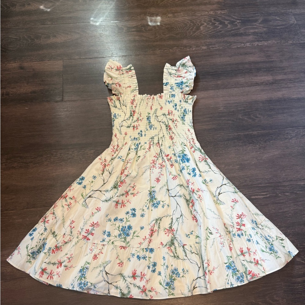 Hill House Floral Dress in Cream with Blue and Pink Accents